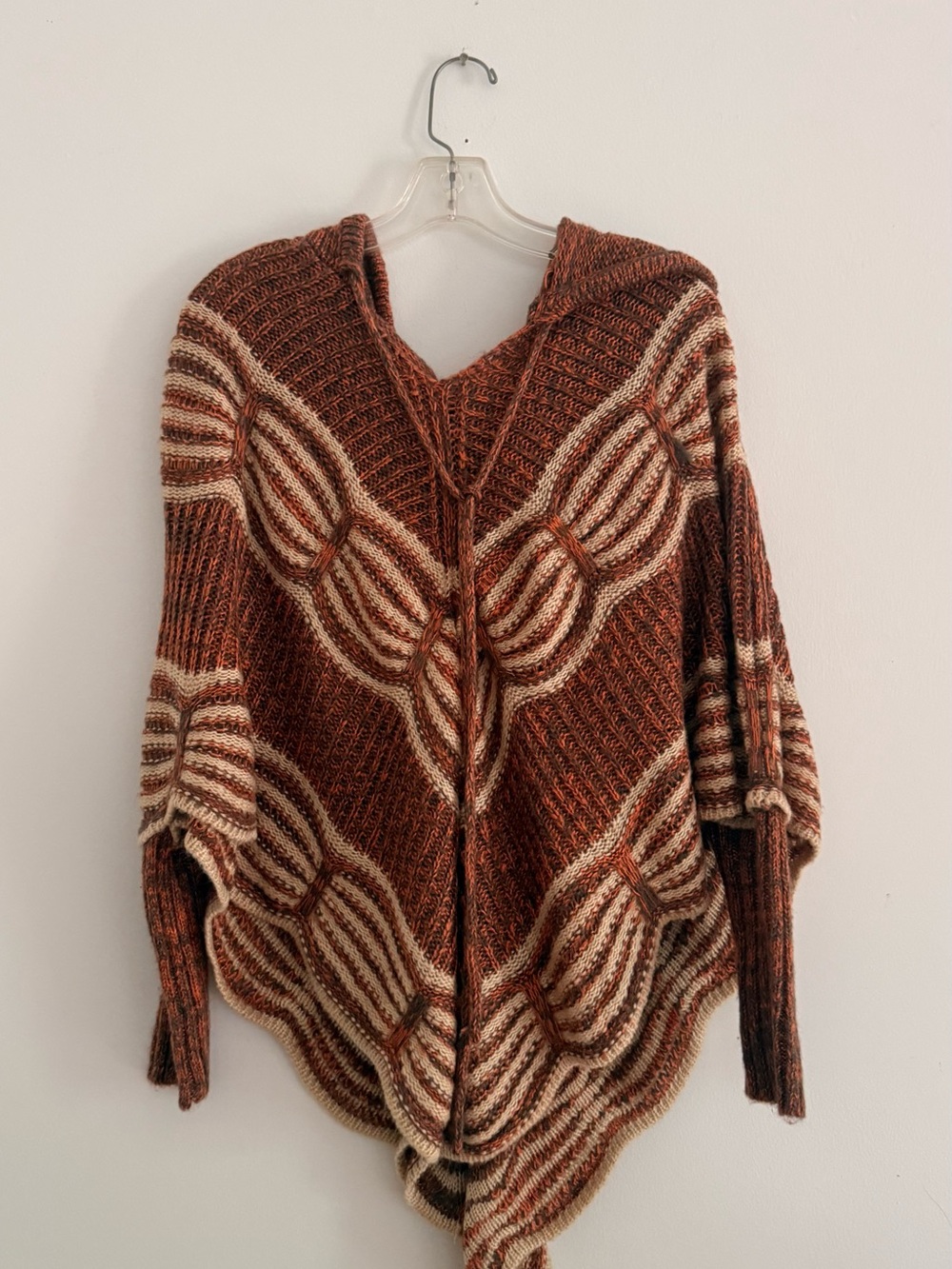 Angie Hooded Knit Poncho in Brown and Cream Chevron Motif
